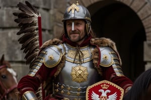 wingedhussarflux style,, The image features a Polish Winged Hussar dressed in full historical armor, seated on a horse. The man, with a confident and slightly smiling expression, is wearing intricately detailed steel plate armor that covers his body, showcasing both strength and nobility. His helmet, adorned with a central nose guard, is ornately decorated, with gold accents and a pair of large, eagle feathers emerging from the back, symbolizing the iconic wings of the Winged Hussars. His beard and calm demeanor suggest experience and pride. The armor is highly decorated with golden emblems and fur linings, giving a regal appearance. The chest plate is particularly detailed, featuring a prominent cross-like design, further signifying his status as a knight. The red velvet robe beneath the armor adds a layer of elegance, its rich fabric blending with the fur draped over his shoulders. On his left arm, he carries a richly decorated shield in red and gold, emblazoned with a royal white eagle, symbolizing Polish heritage and power. The background appears to be an old stone structure, enhancing the historical atmosphere. The scene conveys both authority and grace, capturing the essence of the legendary Winged Hussars, who were renowned for their bravery and military prowess in defending Poland..