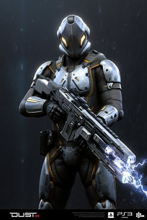 FuturisticWarrior style,,This image portrays amarr haevy, heavily armored in a high-tech, metallic exosuit. The armor is more bulky and robust, with intricate layers of plating in a silver and gray color scheme, accented by glowing yellow lines that give the suit a powerful, advanced look. The soldier's helmet is large and features a visor, adding to their intimidating presence. They are wielding an oversized, forge gun, with visible energy crackling near its muzzle, indicating it may be some kind of advanced energy. The overall scene is dark and gritty, with the background mostly obscured, adding a mysterious atmosphere. The amarr haevy's stance is firm, with both hands gripping the weapon as if preparing for combat. The "DUST 514" and PlayStation 3 logos at the bottom suggest this is part of a promotional image for the game.
