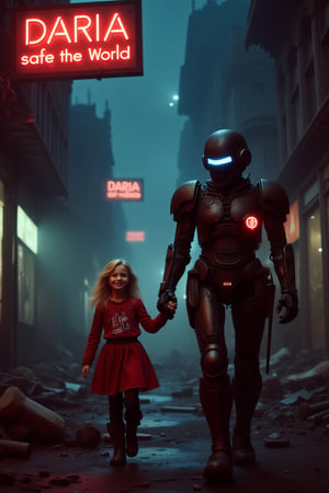 Photo. A rundown cyberpunk city street at night with broken neon signs *Daria safe the World* and rubble. A little girl is walking. She has long blonde wavy hair and she is wearing a red armored suit with technology and a vital signs *DARIA* display. She is holding hands with her guardian who is a dark metal robot which is slightly worn. She is smiling at her guardian. The robot is armed with futuristic weapons so it can keep the little girl safe. It looks like the robot is smiling back at the girl with its glowing visor.