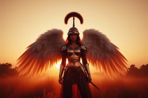 AngelDreamFlux, The image features a angel in a warrior costume, complete with a helmet, standing in a field under a beautiful sunset. The woman appears to be the main subject of the photo, with the golden helmet emphasizing her character as a warrior. The background consists of the sky and the field, providing a serene and natural setting for the scene. The combination of the woman's costume, the warrior theme, and the stunning sunset creates a captivating and visually appealing image.