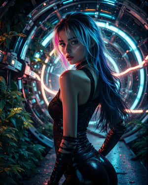 In this surreal, neon-lit scene, an androgynous girl stands at the edge of a spaceship's metallic hull, where lush greenery thrives, juxtaposing sterile metal. Her piercing gaze, like a laser beam, shoots directly into the viewer, her iridescent hair flowing down her back like stardust, glowing with an ethereal light. Radiant hues of white and black illuminate her dark-tech attire, accentuating curves against the ship's hull. The subject's eyes burn with unearthly intensity, framed directly in front of the viewer amidst a rainbow-colored mane that defies gravity, as if suspended by an unseen force.