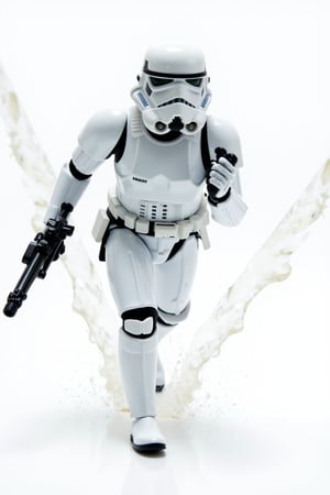 StormTrooperFlux, The person in the image is a Stormtrooper from the Star Wars franchise, and he is depicted running with a gun in his hand. He is wearing a white uniform, and his helmet is also white. The background of the image features a splash effect, which gives the scene a dynamic and action-packed feel. The Stormtrooper is standing on a white surface, possibly a wall or a floor.,stormtrooperflux