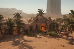 Futuristic desert oasis city: "Generate a realistic and stunning cityscape of a thriving oasis in the middle of a vast desert. The scene should have the charm of a fusion of ancient and futuristic design. The hot desert sun casts long shadows on the cobblestone streets and sandstone buildings. Palm trees and exotic plants provide shade, while modern skyscrapers rise in the background. A Viking-era house with cyberpunk lighting stands as a centerpiece, surrounded by beautiful gardens and reflecting the fusion of cyberpunk and Middle Eastern art imagery.