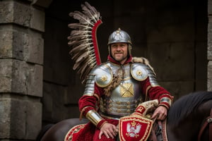 wingedhussarflux style,, The image features a Polish Winged Hussar dressed in full historical armor, seated on a horse. The man, with a confident and slightly smiling expression, is wearing intricately detailed steel plate armor that covers his body, showcasing both strength and nobility. His helmet, adorned with a central nose guard, is ornately decorated, with gold accents and a pair of large, eagle feathers emerging from the back, symbolizing the iconic wings of the Winged Hussars. His beard and calm demeanor suggest experience and pride. The armor is highly decorated with golden emblems and fur linings, giving a regal appearance. The chest plate is particularly detailed, featuring a prominent cross-like design, further signifying his status as a knight. The red velvet robe beneath the armor adds a layer of elegance, its rich fabric blending with the fur draped over his shoulders. On his left arm, he carries a richly decorated shield in red and gold, emblazoned with a royal white eagle, symbolizing Polish heritage and power. The background appears to be an old stone structure, enhancing the historical atmosphere. The scene conveys both authority and grace, capturing the essence of the legendary Winged Hussars, who were renowned for their bravery and military prowess in defending Poland..