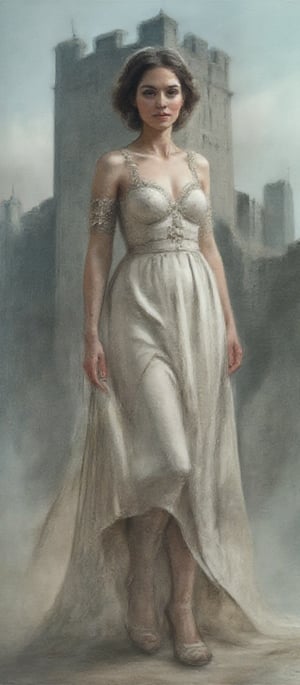 portrait photo of woman,flat chested,smile,(White Rococo Long Dress),architecture background,Medieval Castle,high-heeled shoes,Archaic Greek style,
(extremely intricate:1.3),(realistic), the most beautiful in the world,outdoors, intense sunlight, far away castle, professional photograph of a stunning girl detailed, sharp focus, dramatic, award winning, cinematic lighting, octane render, volumetrics dtx, upper body,  