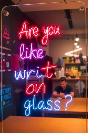 A transparent sign with neon lettering reads “Are you like write on glass?”.