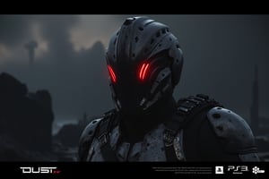 FuturisticWarrior style,, The image is a digital art piece that appears to be a futuristic or sci-fi scene. It shows a close-up of a gallente assault's head and upper body, with a metallic armor-like appearance. The gallente assault's face is covered in red eyes, giving it a futuristic and ominous look. The background is a dark, cloudy sky with a hint of smoke or dust. The overall mood of the image is dark and ominous. The word "DUST" is written in white text on the bottom right corner, with the word "EVE" in a larger font size than the rest of the text.