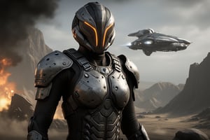 FuturisticWarrior style,,This image portrays (((amarr haevy))), heavily armored in a high-tech, metallic exosuit. (((gallente dropship ))) in the background