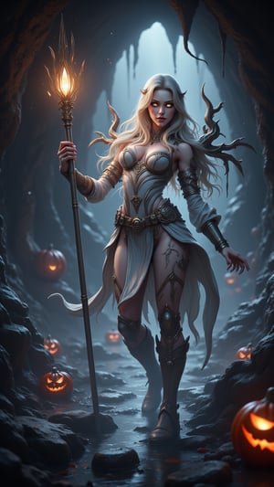 (((Epic fantasy artwork, warrior-mage class female character, dynamic action pose, ultra-detailed, hyper-realistic, 8K resolution, dramatic lighting, fierce confident gaze, elegant magical materials, modern white battle costume, beautiful warrior attire, flowing blonde hair, glowing white eyes, powerful stance, long spear, glowing white crystal, illuminating darkness, reflections in water, mystical cave background, ready for battle))) pumpkin monster in the background,

A warrior-mage class female character, embodying a fierce and confident warrior spirit, with sharp, determined features, flowing blonde hair cascading around her shoulders, fair skin, and glowing white eyes. She is dressed in a stunning modern white battle costume that blends elegance and functionality, featuring a short skirt that highlights her warrior grace. She stands in a dark, mystical cave, holding a long spear that resembles a traditional war spear, adorned with a glowing white crystal at its sharp tip, casting a bright light that penetrates the surrounding darkness. The crystal reflects light beautifully, illuminating her face and surroundings, while the water in the cave reflects shimmering patterns of light, enhancing the magical atmosphere. Standing tall with a powerful stance, she gazes fiercely into the depths of the cave, captured from a low angle to emphasize her warrior essence and readiness for battle.