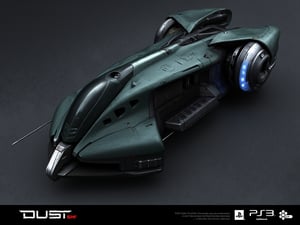 FuturisticWarrior style,, The image is a digital illustration of a futuristic gallente dropship. The gallente dropship is in the center of the image and is facing towards the left side. It has a sleek, metallic design with a dark green and black color scheme. The body of the gallente dropship has a large, angular shape with a pointed nose and a pointed tail. On the right side of the body, there is a large circular wheel with a blue light emanating from it. The wheel is connected to the body by a thin metal rod. The background is a dark, textured surface with a rough, uneven texture. The word "DUST" is written in bold white letters at the bottom of the illustration.