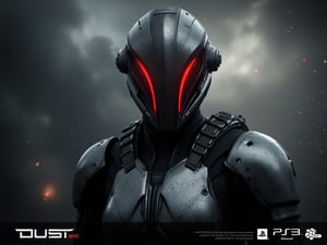  FuturisticWarrior style,, The image is a digital art piece that appears to be a futuristic or sci-fi scene. It shows a close-up of a gallente assault's head and upper body, with a metallic armor-like appearance. The gallente assault's face is covered in red eyes, giving it a futuristic and ominous look. The background is a dark, cloudy sky with a hint of smoke or dust. The overall mood of the image is dark and ominous. The word "DUST" is written in white text on the bottom right corner, with the word "EVE" in a larger font size than the rest of the text.