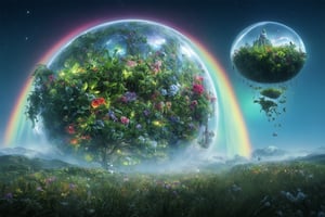 A lush planet teeming with vibrant flora. Countless flowers in full bloom cover its surface - roses, tulips, orchids, and alien blossoms in iridescent colors. Towering trees with bioluminescent leaves reach towards the sky. Orbiting the planet, a massive glass terrarium floats in space. Its geodesic structure reflects starlight. Inside, a miniature ecosystem thrives with rare plants and tiny creatures. Tendrils of mist swirl within. The planet's atmosphere shimmers with pollen and spores. Floating islands covered in hanging gardens drift by. A rainbow aurora dances in the background,hyperrealistic