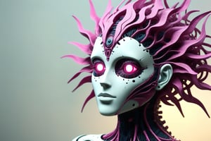 "A highly detailed, documentary-style photograph of a Zenomorph-like android robot with a Voronoi body armature frame and metal wings. The robot's face features ceramic-like textures, inspired by Guillaume Seignac's art style, with intricate watercolor and quilling patterns. The scene captures the robot's flowing white hair with pink streaks, floating gracefully. Surrounding the figure are delicate glass fractal flowers and vines, rendered in a sharp, studio-lit composition. The design incorporates elements of paper cutting, origami, and encaustic art, giving the android a futuristic yet organic appearance. The entire piece has a bold, realistic aesthetic, trending on ArtStation, with a mix of mecha concept art and the elegance of Philipp Plein models."