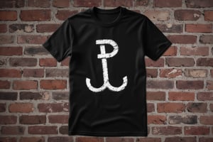 Prompt: wingedhussarflux style,, The image on the t-shirt shows a symbol painted on a brick wall, known as the "Kotwica" (Anchor), which combines the letters "P" and "W." 