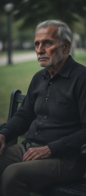 portrait photo of an old man, sitting on a bench at a park,  rim lighting, studio lighting, looking at the camera, dslr, ultra quality, sharp focus, tack sharp, dof, film grain, Nikon D850, crystal clear, 8K UHD, highly detailed glossy eyes, high detailed skin, skin pores, detailed wrinkles, detailed skin blemishes, age affects clear on his face