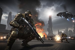 FuturisticWarrior style,, The image is a digital illustration of a futuristic scene. It shows a galente assault in a crouched position, holding a large rifle with a long barrel. The gallente assault is wearing a camouflage uniform with a helmet and goggles. The background shows a futuristic cityscape with tall buildings and explosions. The sky is filled with dark clouds and there is a large explosion in the distance. A helicopter is flying above the scene. The overall mood of the image is chaotic and intense.