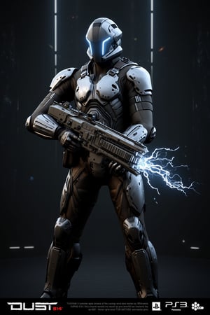 FuturisticWarrior style,,This image portrays gallente haevy, heavily armored in a high-tech, metallic exosuit. The armor is more bulky and robust, with intricate layers of plating in a silver and gray color scheme, accented by glowing blue lines that give the suit a powerful, advanced look. The soldier's helmet is large and features a visor, adding to their intimidating presence. They are wielding a rifle, with visible energy crackling near its muzzle, indicating it may be some kind of advanced energy. The overall scene is dark and gritty, with the background mostly obscured, adding a mysterious atmosphere. The gallente haevy's stance is firm, with both hands gripping the weapon as if preparing for combat. The "DUST 514" and PlayStation 3 logos at the bottom suggest this is part of a promotional image for the game.