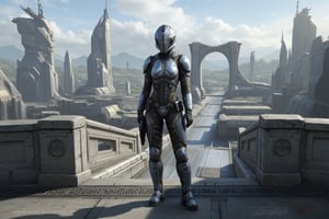 FuturisticWarrior style,, The image is a digital illustration of a futuristic aderian female on the futiristic stone bridge, city landscape in the background