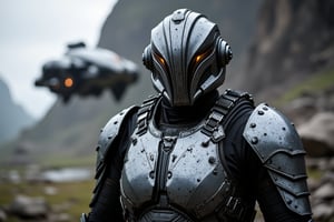 FuturisticWarrior style,,This image portrays (((amarr haevy))), heavily armored in a high-tech, metallic exosuit. (((gallente dropship ))) in the background