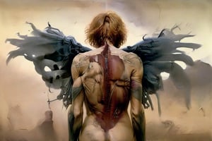 raw photo of (female angel going out ocean:1.1) (painted) in (Gotye-feat-Kimbra-Somebody style:0.6),  (blonde)  tight pigtail freckled  hair, sad, happy,from behind,(digital artwork by Beksinski:0.6)

 