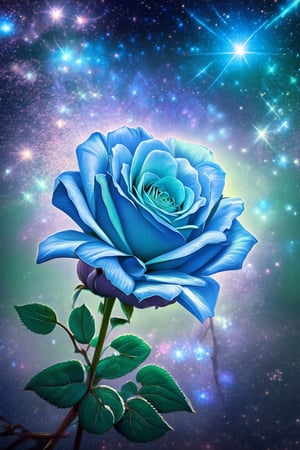 crystal spring blossom, fantasy, galaxy, transparent, shimmering, sparkling, splendid, colorful, magical photography, dramatic lighting, photo realism, ultra-detailed, 4k, Depth of field, High-resolution, blue Rose