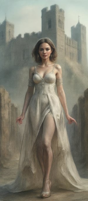 portrait photo of woman,flat chested,smile,(White Rococo Long Dress),architecture background,Medieval Castle,high-heeled shoes,Archaic Greek style,
(extremely intricate:1.3),(realistic), the most beautiful in the world,outdoors, intense sunlight, far away castle, professional photograph of a stunning girl detailed, sharp focus, dramatic, award winning, cinematic lighting, octane render, volumetrics dtx, upper body,  