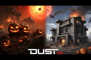 FuturisticWarrior style,, The image is a digital illustration of a futuristic minmatar HAV on the left and demolish building on the right. The word "DUST514" is written in bold white letters at the bottom of the illustration. pumpkin as sun