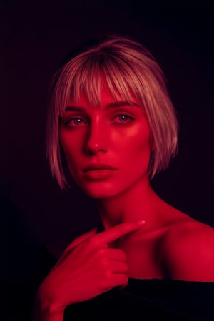 A striking and conceptual minimalist portrait of a mysterious individual with a short blonde bob and fringe, whose eyes are partially concealed, creating an enigmatic expression. The subject is enveloped in captivating red lighting, which highlights their vibrant skin and accentuates the otherworldly ambiance. The dark background and intricate contouring of their face, neck, and shoulder are emphasized by the subtle shadow, resulting in a mesmerizing 3D render. The cinematic and enigmatic composition evokes a sense of intrigue and wonder, inviting the viewer to explore the depths of this mysterious figure's identity., photo, conceptual art, illustration, 3d render, cinematic