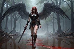 (high budget Hollywood film:1.2),(cinematic film still portrait of ) best quality, masterpiece, A beautiful (aderekangel:1.3), perfect body, bubble ass, long legs, her back to the viewer, walks along a blood-soaked road, one angel wing,(dragging a big sword:1.3) that leaves a trail of crimson in its wake. (The ground is littered with the bodies of fallen monsters:1.2), creating a macabre scene of chaos and destruction. Each step she takes is marked by bloody footprints, leading deeper into the darkness. The impressionist painting style captures the eerie beauty of the scene, with the interplay of light and shadow heightening the sense of horror and desolation.reflections on sword, blood rain, after battle, foggy, gloomy, dark fantasy, crimson color guide, despair, melancholy, mourn, from behind, main focus on girl, (close-up, zoomed:1.03), strong perspective, vanishing point, artistic,  