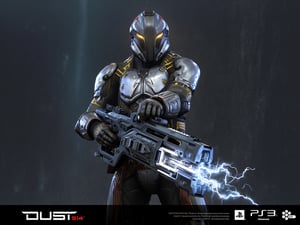 FuturisticWarrior style,,This image portrays amarr heavy, heavily armored in a high-tech, metallic exosuit. The armor is more bulky and robust, with intricate layers of plating in a silver and gray color scheme, accented by glowing yellow lines that give the suit a powerful, advanced look. The amarr heavy dropsuit's helmet is large and features a visor, adding to their intimidating presence. They are wielding an oversized, forge gun, with visible energy crackling near its muzzle, indicating it may be some kind of advanced energy. The overall scene is dark and gritty, with the background mostly obscured, adding a mysterious atmosphere. The amarr heavy's stance is firm, with both hands gripping the weapon as if preparing for combat. The "DUST 514" and PlayStation 3 logos at the bottom suggest this is part of a promotional image for the game.