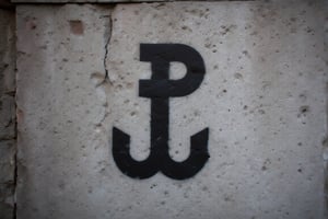 wingedhussarflux style,, The image shows a symbol painted on a brick wall, known as the "Kotwica" (Anchor), which combines the letters "P" and "W." This iconic symbol was used by the Polish Underground State and the Home Army (Armia Krajowa) during World War II as a representation of resistance and defiance against Nazi occupation. The "P" stands for "Polska" (Poland), while the "W" stands for "Walcząca" (Fighting), together forming "Polska Walcząca" (Fighting Poland). The upper part of the symbol, the "P," is painted in black, while the lower part, the "W," is painted in black, reminiscent of the colors of the Polish flag.  The rough, uneven texture of the gray brick wall adds to the historical and gritty atmosphere, evoking the feeling of wartime resistance and clandestine activities. The paint appears to have been applied hastily, suggesting an act of rebellion, as this symbol was often drawn secretly in occupied areas as a form of silent protest.  The overall tone of the image is one of strength, resilience, and national pride, encapsulating the spirit of the Polish resistance movement. The Kotwica remains an enduring symbol of Poland’s fight for freedom and has become a powerful representation of national identity.