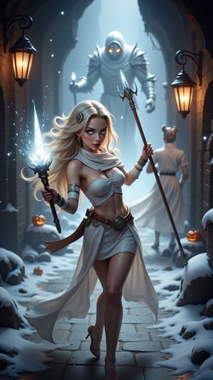 extreme close-up of Snow-kissed beauty strides forward, gaze locked on the viewer as she glances over her shoulder. Framed by a warm glow from nearby lanterns, her porcelain complexion and rosy cheeks radiate amidst the winter wonderland's serene silence. In the background, a white--robed scholar navigates the ancient city's cobblestone streets, wisps of fog swirling around him like ethereal whispers..retro glam,,surreal,sparkles, pumpkin monster in the background,

A warrior-mage class female character, embodying a fierce and confident warrior spirit, with sharp, determined features, flowing blonde hair cascading around her shoulders, fair skin, and glowing white eyes. She is dressed in a stunning modern white battle costume that blends elegance and functionality, featuring a short skirt that highlights her warrior grace. She stands in a dark, mystical cave, holding a long spear that resembles a traditional war spear, adorned with a glowing white crystal at its sharp tip, casting a bright light that penetrates the surrounding darkness. The crystal reflects light beautifully, illuminating her face and surroundings, while the water in the cave reflects shimmering patterns of light, enhancing the magical atmosphere. Standing tall with a powerful stance, she gazes fiercely into the depths of the cave, captured from a low angle to emphasize her warrior essence and readiness for battle.