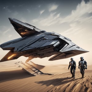 A starship razor crest  landing on desert,thrusts from the jet engine,parked on ground,side door open,ramp from the door,mandalorian walking out of the ship,sand,sky,cloud,realistic,detailed,sharp focus,high contrast,