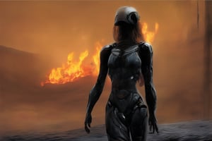 1woman,  cyborg, deser is on fire in the distance, serenity,  low-key,in ,digital artwork by Beksinskiart