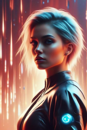 A captivating cyberpunk girl stands amidst a futuristic metropolis, wearing clear neon glasses that refract the city's dazzling lights. Her piercing gaze is set off by intricate, golden-ratio details on her face and clothes. In stunning 32K UHD, she poses against a decadent, highly detailed digital backdrop, reminiscent of Octane Render's artistry. Heartwarming, uplifting, and charming, this masterpiece features sharp focus, smooth textures, and exquisite eyes that seem to sparkle with inner light. The setting sun casts beautiful rim lighting, subsurface scattering, and subtle light leaks, casting a warm glow on the city's towering skyscrapers.