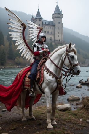 wingedhussarflux style female Polish Winged Hussar staying before  a white horse. river and castle in the background