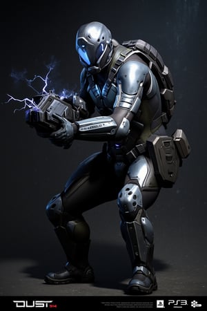 FuturisticWarrior style,,This image portrays (gallente) haevy, heavily armored in a high-tech, metallic exosuit. The armor is more bulky and robust, with intricate layers of plating in a silver and gray color scheme, accented by glowing blue lines that give the suit a powerful, advanced look. The soldier's helmet is large and features a visor, adding to their intimidating presence. They are wielding a rifle, with visible energy crackling near its muzzle, indicating it may be some kind of advanced energy. The overall scene is dark and gritty, with the background mostly obscured, adding a mysterious atmosphere. The (gallente) haevy's stance is firm, with both hands gripping the weapon as if preparing for combat. The "DUST 514" and PlayStation 3 logos at the bottom suggest this is part of a promotional image for the game.