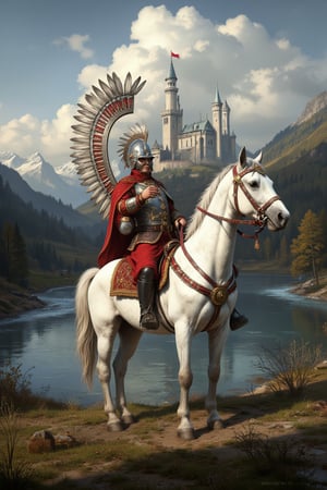 wingedhussarflux style Polish Winged Hussar sitting on a white horse. river and castle in the background