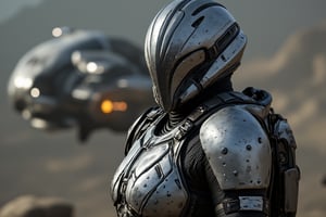 FuturisticWarrior style,,This image portrays (((amarr haevy))), heavily armored in a high-tech, metallic exosuit. (((gallente dropship ))) in the background