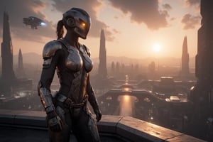 FuturisticWarrior style,,close up to female, The image is a digital illustration of a futuristic aderian female on the futuristic stone bridge,futuristic city landscape in the background, sunset, dropship on the sky