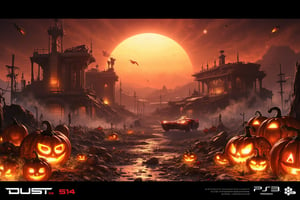 FuturisticWarrior style,, The image is a digital illustration of a futuristic minmatar HAV on the left and demolish building on the right. The word "DUST514" is written in bold white letters at the bottom of the illustration. pumpkin as sun