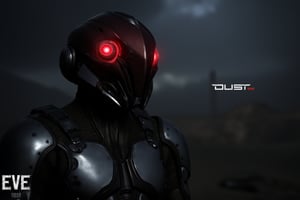 FuturisticWarrior style,, The image is a digital art piece that appears to be a futuristic or sci-fi scene. It shows a close-up of a ((gallente)) assault's head and upper body, with a metallic armor-like appearance. The ((gallente)) assault's face is covered in red eyes, giving it a futuristic and ominous look. The background is a dark, cloudy sky with a hint of smoke or dust. The overall mood of the image is dark and ominous. The word "DUST" is written in white text on the bottom right corner, with the word "EVE" in a larger font size than the rest of the text.