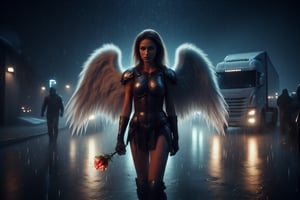 The image features a woman with angel wings, dressed in a warrior costume, walking down a rain-soaked street at night. She is carrying a glowing rose, which is prominently displayed in her hand. In the background, there is a large truck, possibly a semi, partially visible on the road. The combination of the angel wings, warrior attire, and the truck in the background creates a unique and intriguing scene. 8k uhd, dslr, raw, hdr,IllustratorFlux  style