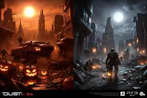 FuturisticWarrior style,, The image is a digital illustration of a futuristic minmatar HAV on the left and demolish building on the right. The word "DUST514" is written in bold white letters at the bottom of the illustration. pumpkin as sun