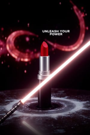 ahsokaflux, woman holding a lipstic tube like a light saber,A hyper-realistic, highly detailed, cinematic photograph of a single, vibrant red lipstick tube with a glossy finish, placed at a slight angle on a sparkling clean, reflective black surface. The lipstick is uncapped, revealing the rich color and smooth texture. The background features a dynamic splash of liquid in shades of red and pink, captured in motion to create a sense of energy and excitement. A bold, modern text overlay in contrasting white reads: ‘Unleash Your Power,’ positioned diagonally across the image, ensuring it grabs attention while maintaining a sleek, professional look.