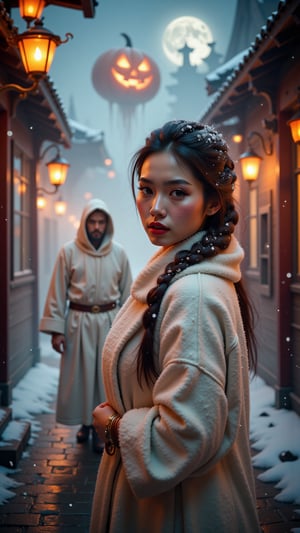 extreme close-up of Snow-kissed beauty strides forward, gaze locked on the viewer as she glances over her shoulder. Framed by a warm glow from nearby lanterns, her porcelain complexion and rosy cheeks radiate amidst the winter wonderland's serene silence. In the background, a white--robed scholar navigates the ancient city's cobblestone streets, wisps of fog swirling around him like ethereal whispers..retro glam,,surreal,sparkles, pumpkin monster in the background,

pumpkin valley, pumpkin as moon