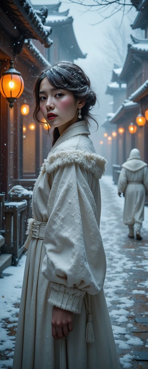 extreme close-up of Snow-kissed beauty strides forward, gaze locked on the viewer as she glances over her shoulder. Framed by a warm glow from nearby lanterns, her porcelain complexion and rosy cheeks radiate amidst the winter wonderland's serene silence. In the background, a white--robed scholar navigates the ancient city's cobblestone streets, wisps of fog swirling around him like ethereal whispers..retro glam,,surreal,sparkles