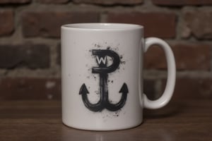 Prompt: wingedhussarflux style,, The image on the cup shows a symbol painted on a brick wall, known as the "Kotwica" (Anchor), which combines the letters "P" and "W." 