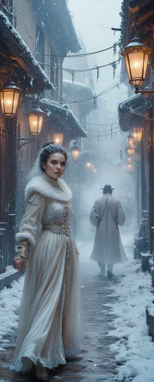 extreme close-up of Snow-kissed beauty strides forward, gaze locked on the viewer as she glances over her shoulder. Framed by a warm glow from nearby lanterns, her porcelain complexion and rosy cheeks radiate amidst the winter wonderland's serene silence. In the background, a white--robed scholar navigates the ancient city's cobblestone streets, wisps of fog swirling around him like ethereal whispers..retro glam,,surreal,sparkles