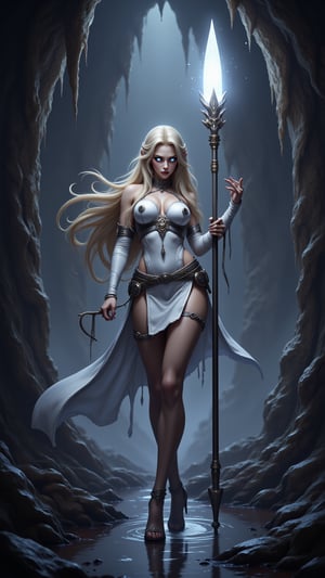 (((Epic fantasy artwork, warrior-mage class female character, dynamic action pose, ultra-detailed, hyper-realistic, 8K resolution, dramatic lighting, fierce confident gaze, elegant magical materials, modern white battle costume, beautiful warrior attire, flowing blonde hair, glowing white eyes, powerful stance, long spear, glowing white crystal, illuminating darkness, reflections in water, mystical cave background, ready for battle)))

A warrior-mage class female character, embodying a fierce and confident warrior spirit, with sharp, determined features, flowing blonde hair cascading around her shoulders, fair skin, and glowing white eyes. She is dressed in a stunning modern white battle costume that blends elegance and functionality, featuring a short skirt that highlights her warrior grace. She stands in a dark, mystical cave, holding a long spear that resembles a traditional war spear, adorned with a glowing white crystal at its sharp tip, casting a bright light that penetrates the surrounding darkness. The crystal reflects light beautifully, illuminating her face and surroundings, while the water in the cave reflects shimmering patterns of light, enhancing the magical atmosphere. Standing tall with a powerful stance, she gazes fiercely into the depths of the cave, captured from a low angle to emphasize her warrior essence and readiness for battle.